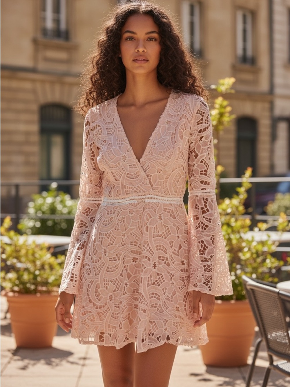 Marciano-Lace V-Neck Long Sleeve Mini Dress in Blush